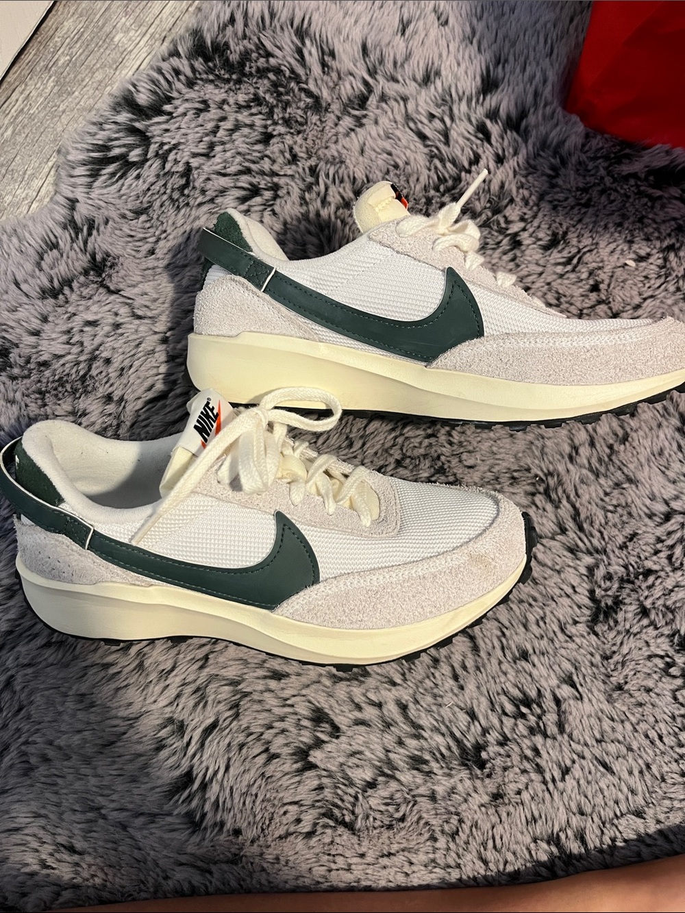 Nike Women's White Sneakers with Dark Green Swoosh and Cream Midsole